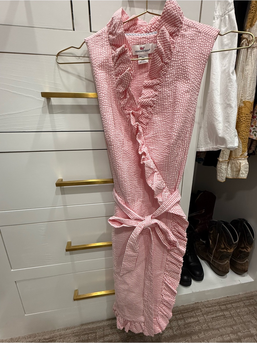 Vineyard Vines Pink and White Striped Seersucker Top with Blue Trim